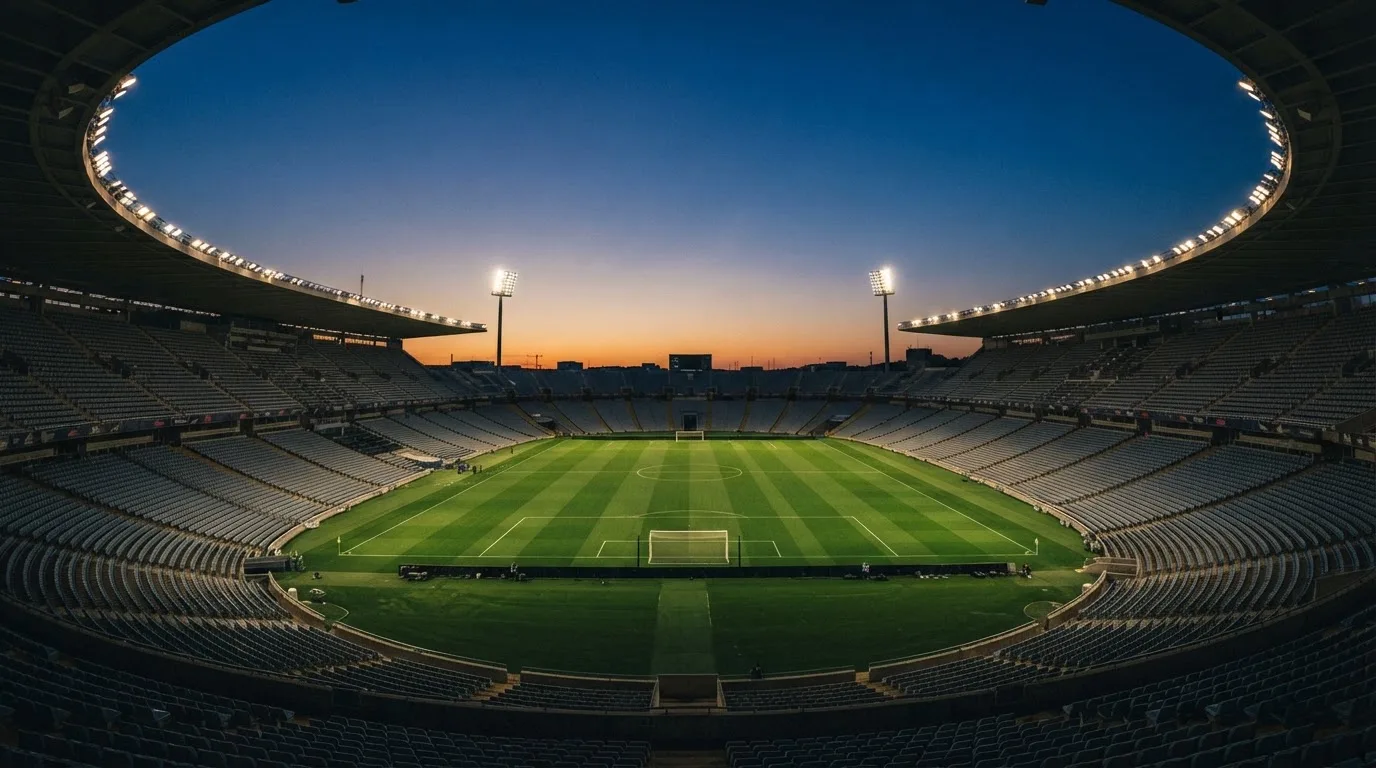 An empty football stadium with floodlight masts at dusk