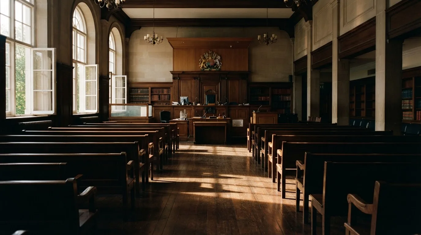 An empty courtroom with wooden benches in morning light