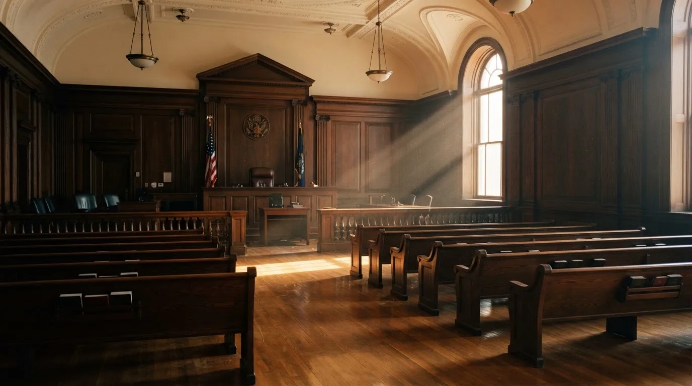 An empty courtroom with wooden benches in morning light