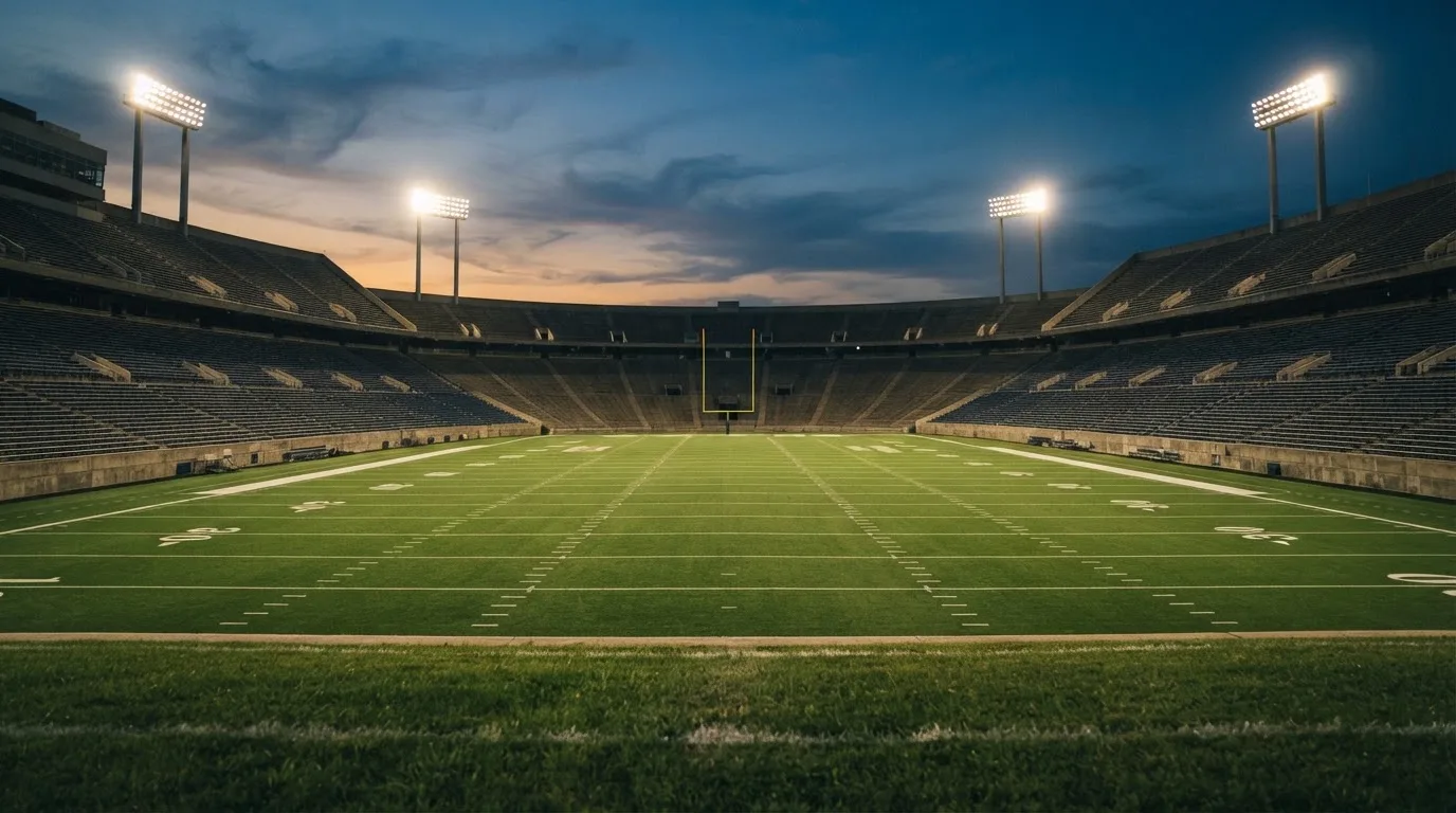 An empty football stadium with floodlight masts at dusk
