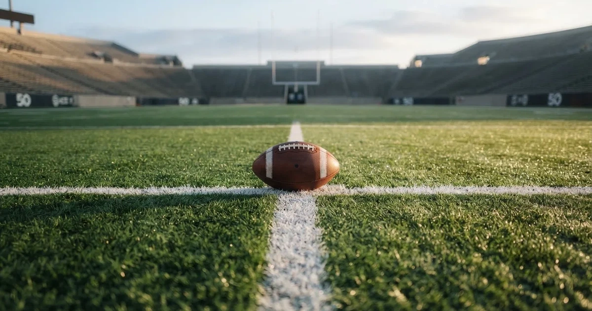 A ball on the centre spot of a grass pitch in morning light