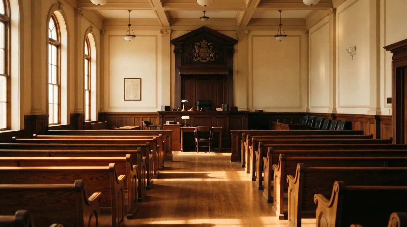 An empty courtroom with wooden benches in morning light