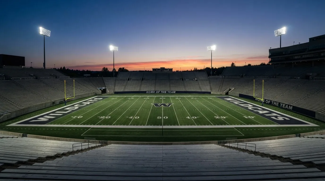 An empty football stadium with floodlight masts at dusk