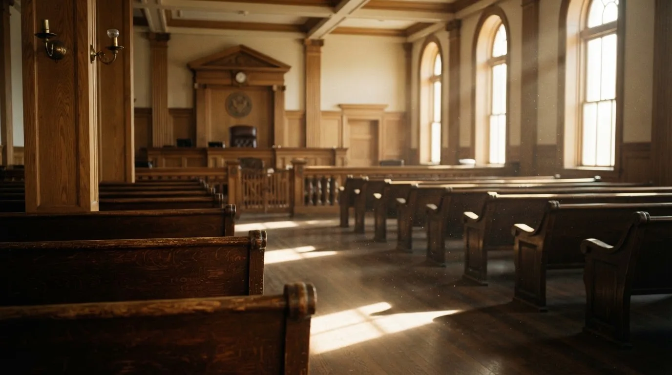 An empty courtroom with wooden benches in morning light