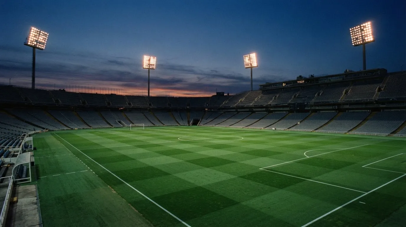 An empty football stadium with floodlight masts at dusk