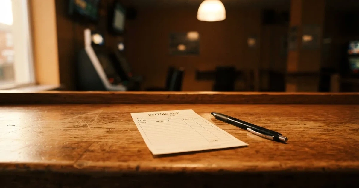 A blank paper betting slip beside a pen on a wooden counter