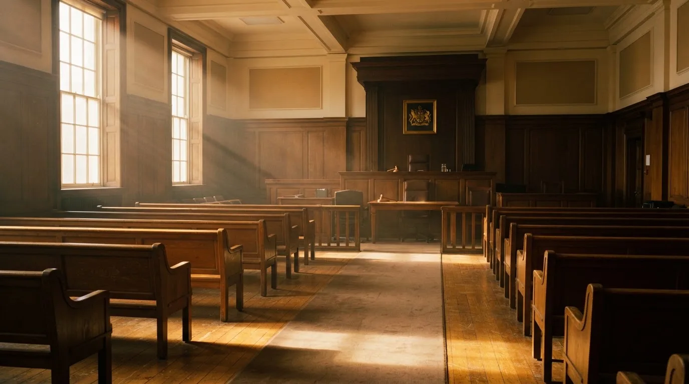 An empty courtroom with wooden benches in morning light