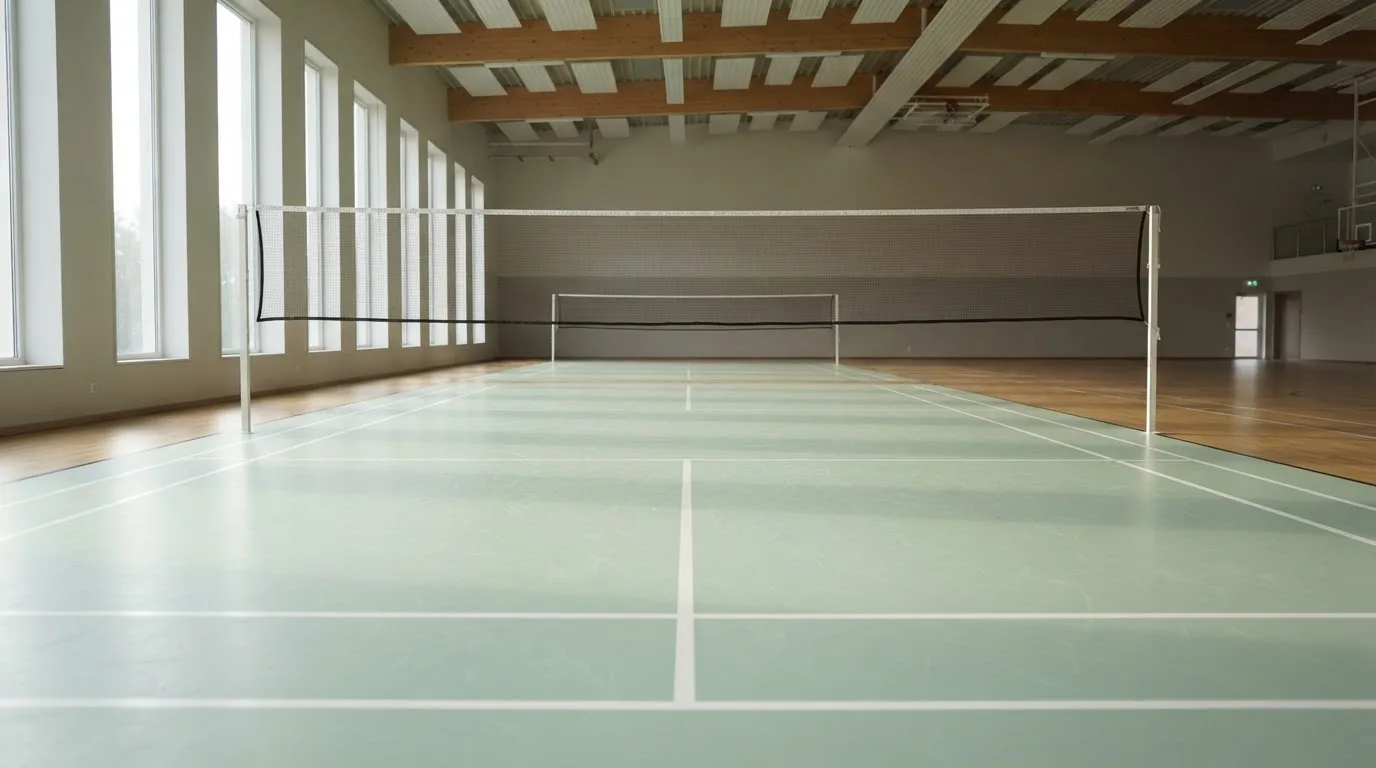 An empty courtroom with wooden benches in morning light