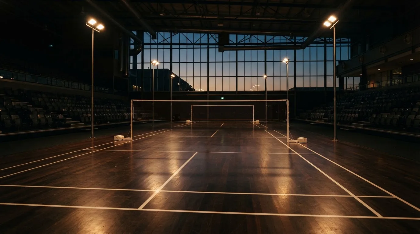 An empty football stadium with floodlight masts at dusk