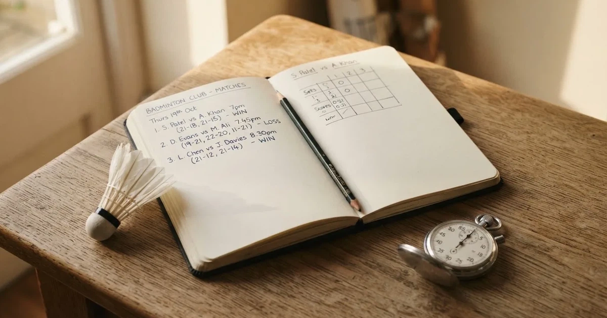An open notebook with a pencil and a stopwatch on a wooden table