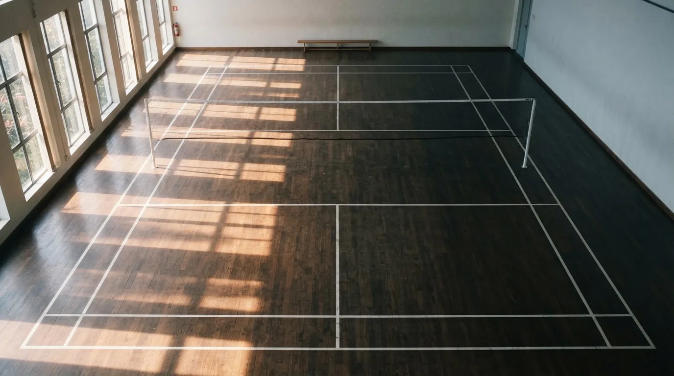 An empty courtroom with wooden benches in morning light