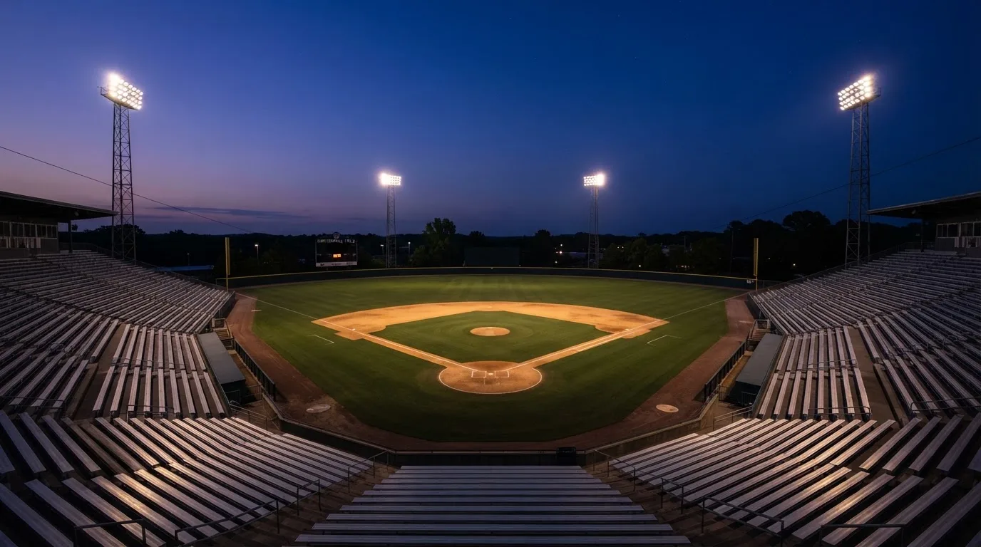 An empty football stadium with floodlight masts at dusk