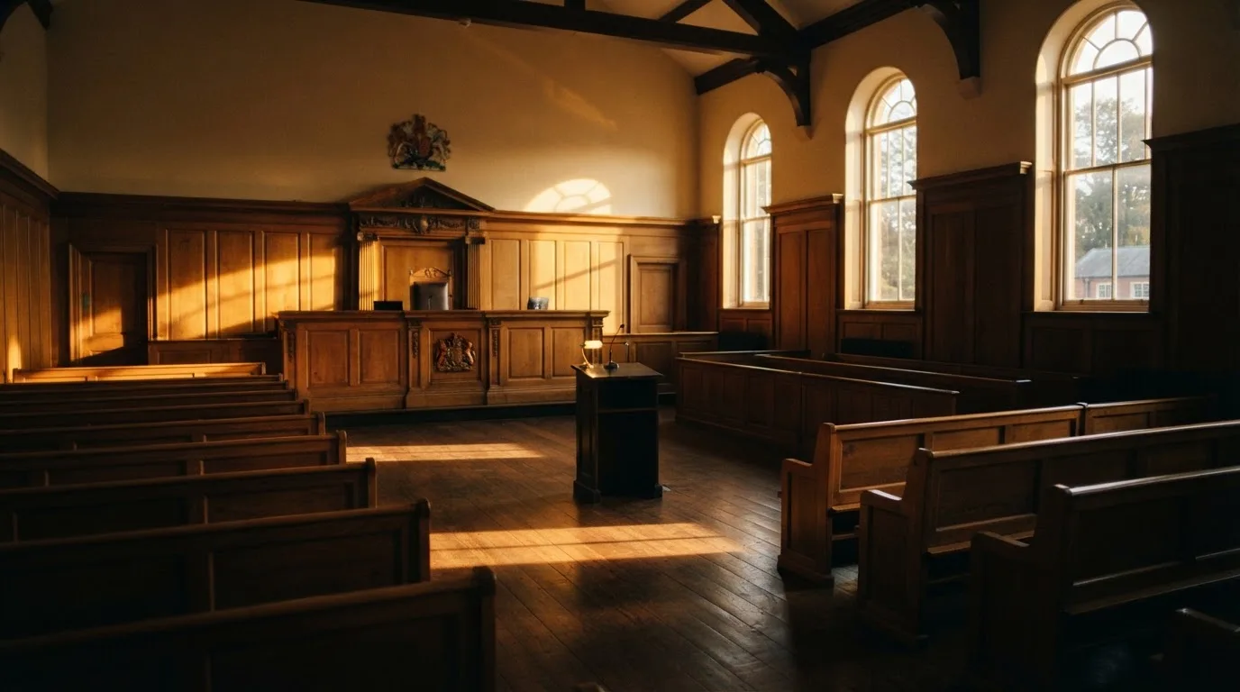 An empty courtroom with wooden benches in morning light