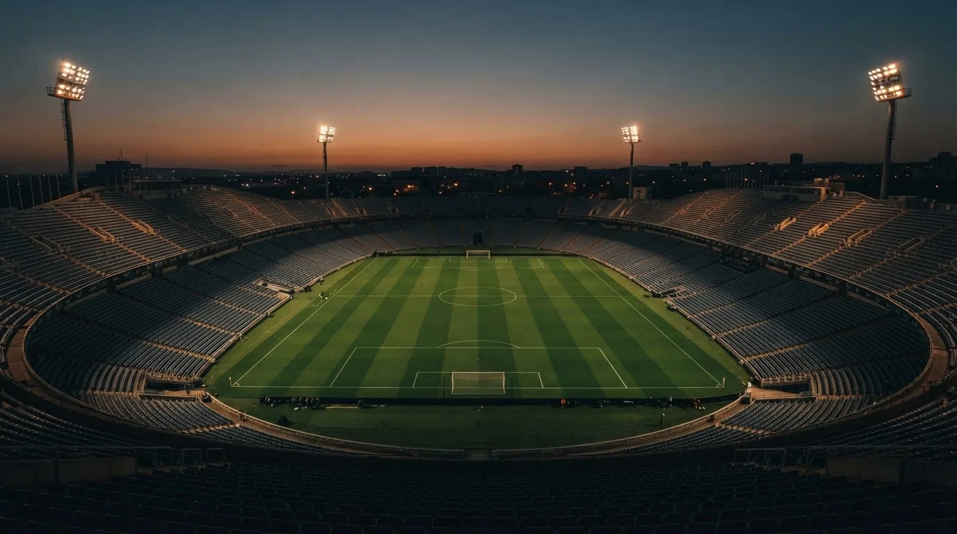 An empty football stadium with floodlight masts at dusk