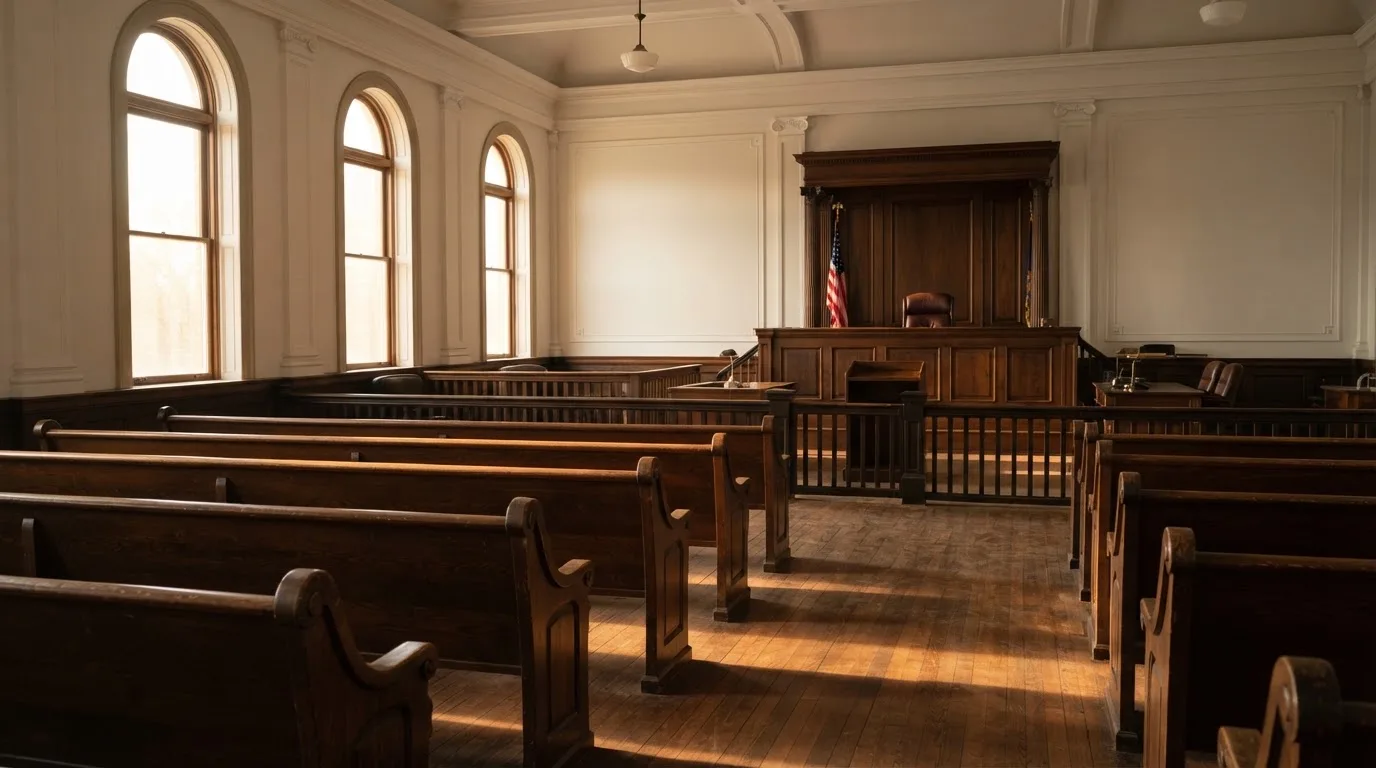 An empty courtroom with wooden benches in morning light