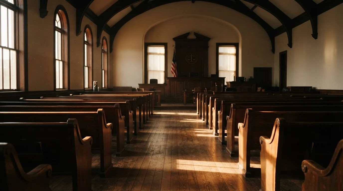 An empty courtroom with wooden benches in morning light