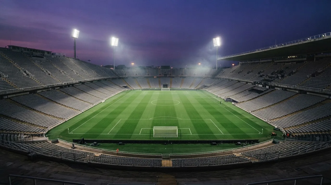 An empty football stadium with floodlight masts at dusk