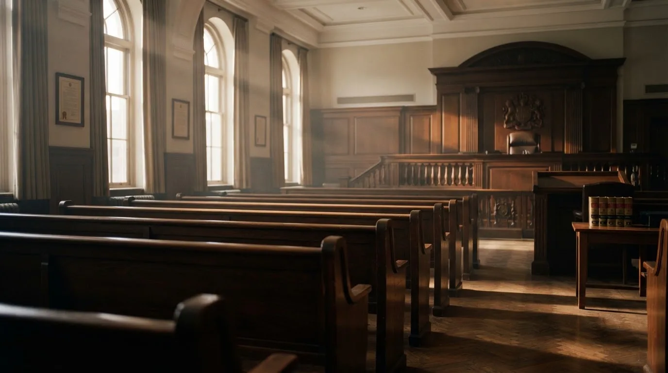 An empty courtroom with wooden benches in morning light