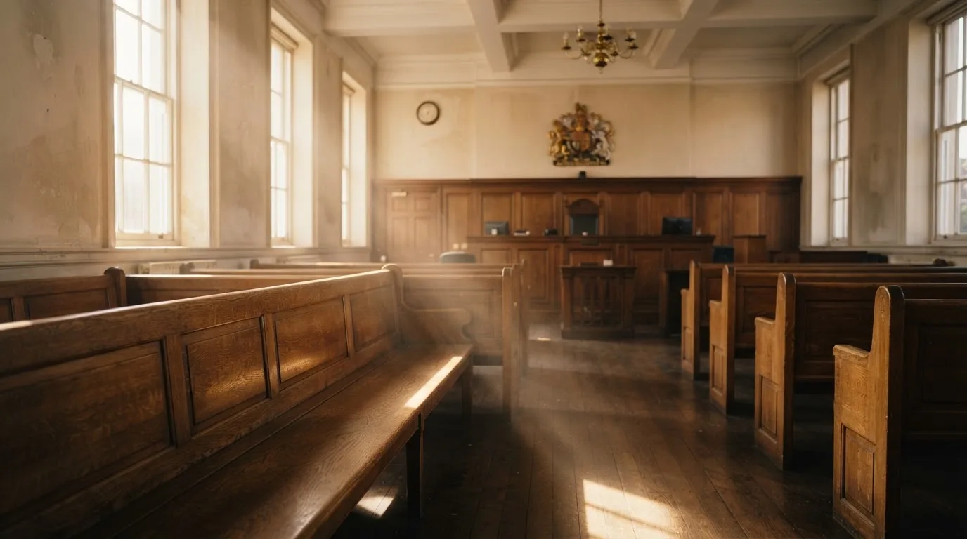 An empty courtroom with wooden benches in morning light