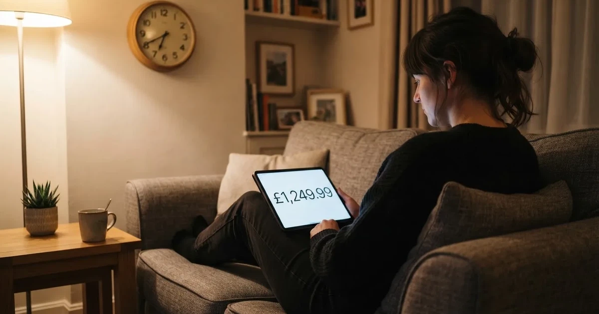A person on a sofa looking thoughtfully at a tablet, a wall clock in the background