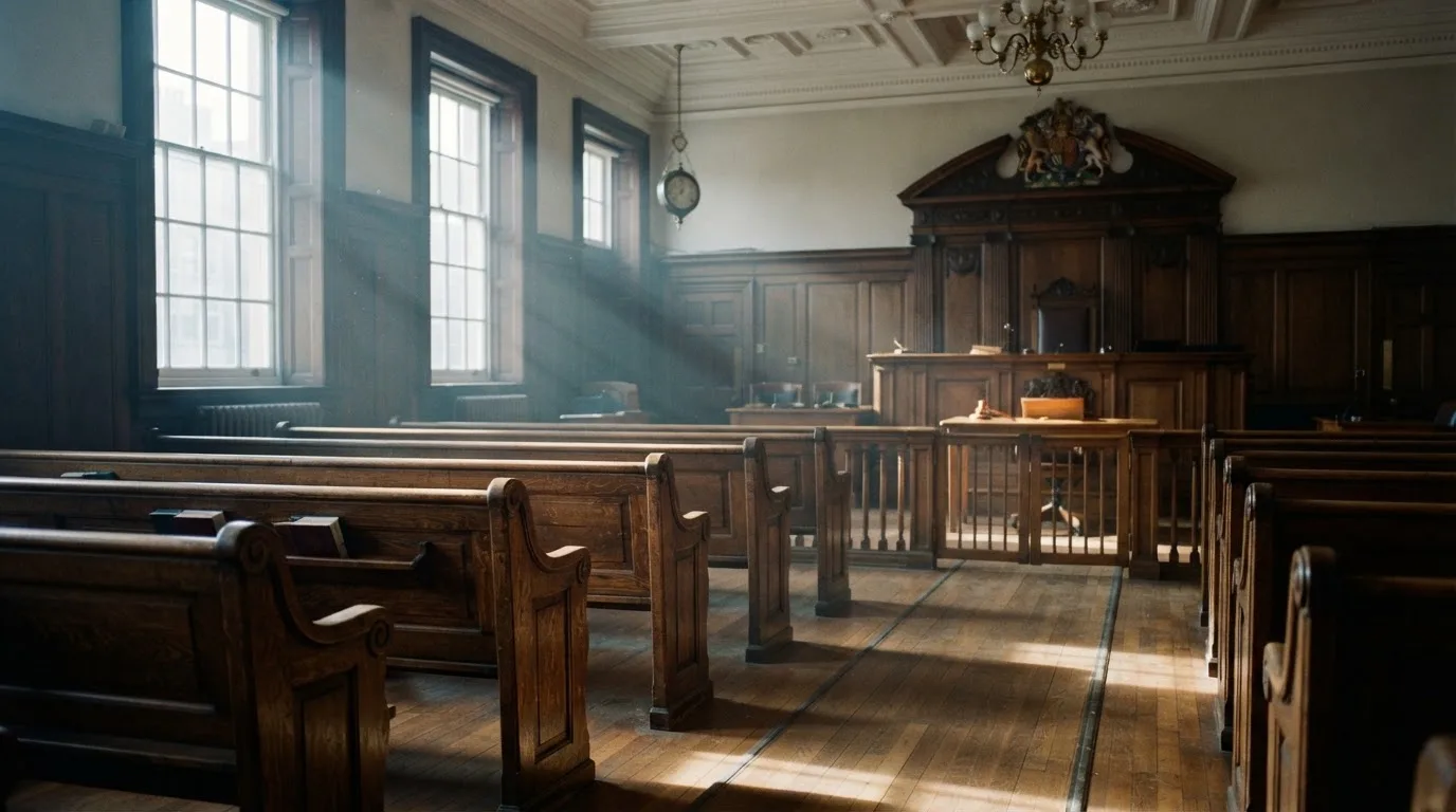 An empty courtroom with wooden benches in morning light