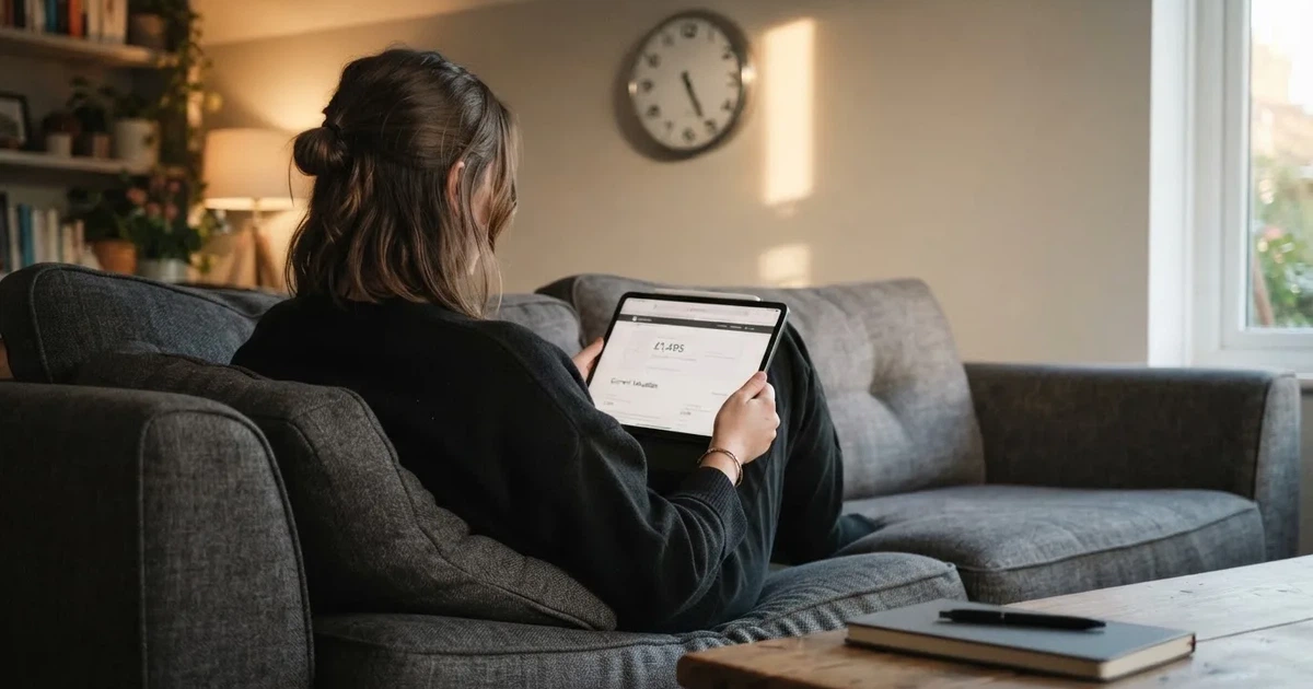 A person on a sofa looking thoughtfully at a tablet, a wall clock in the background
