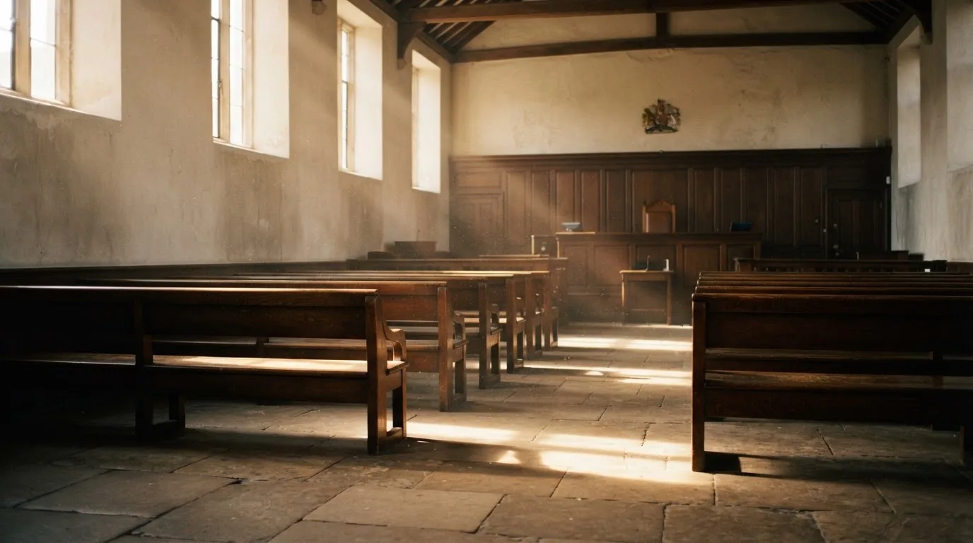 An empty courtroom with wooden benches in morning light