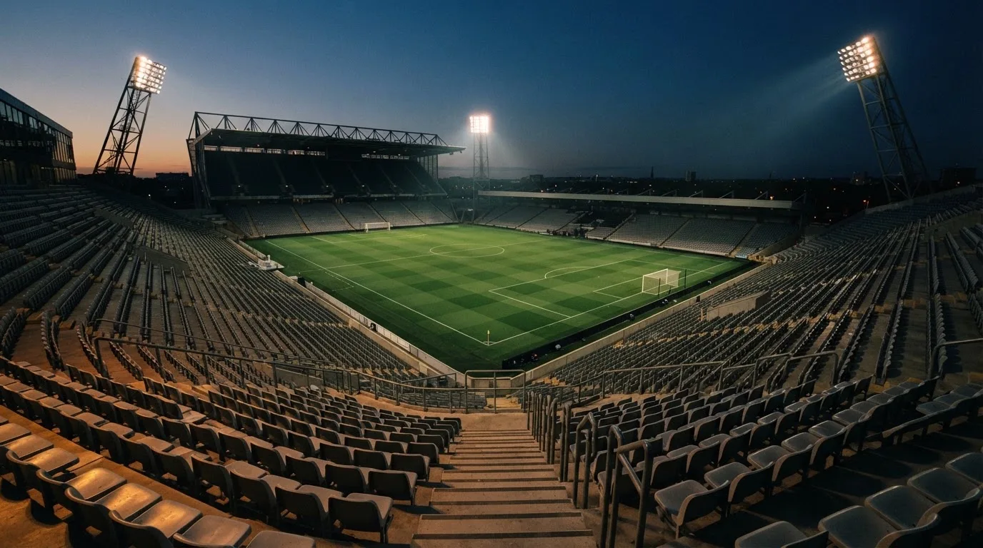 An empty football stadium with floodlight masts at dusk
