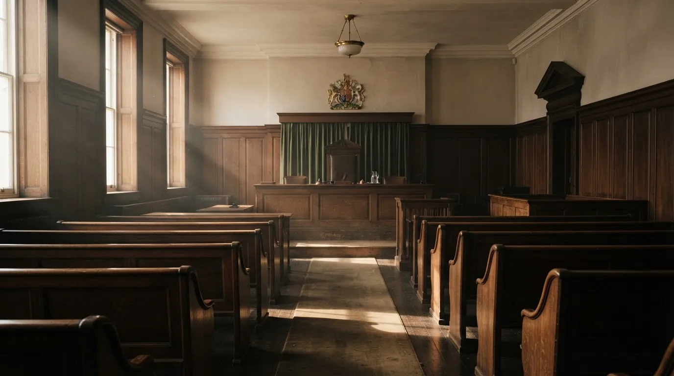 An empty courtroom with wooden benches in morning light