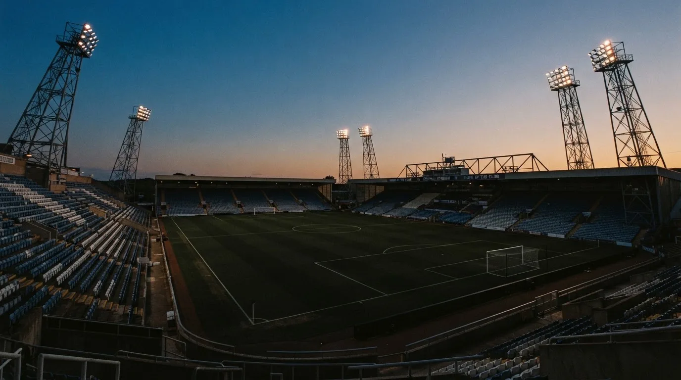 An empty football stadium with floodlight masts at dusk