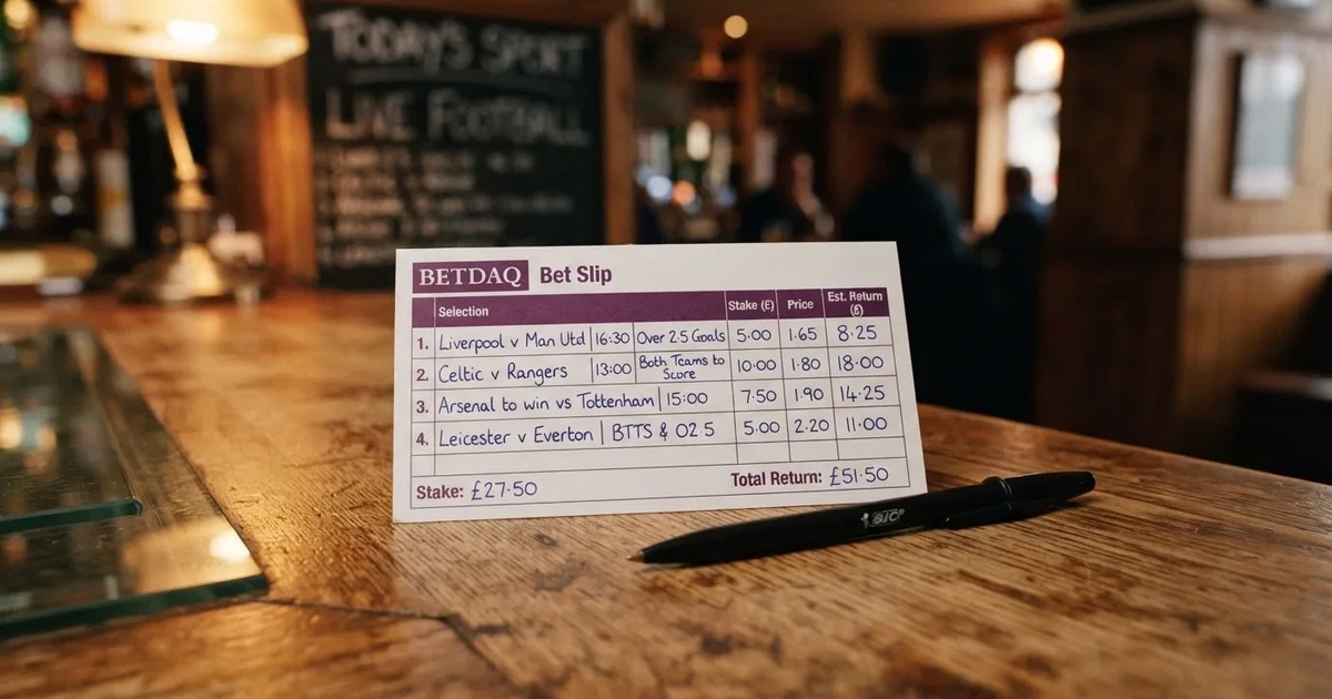 A blank paper betting slip beside a pen on a wooden counter