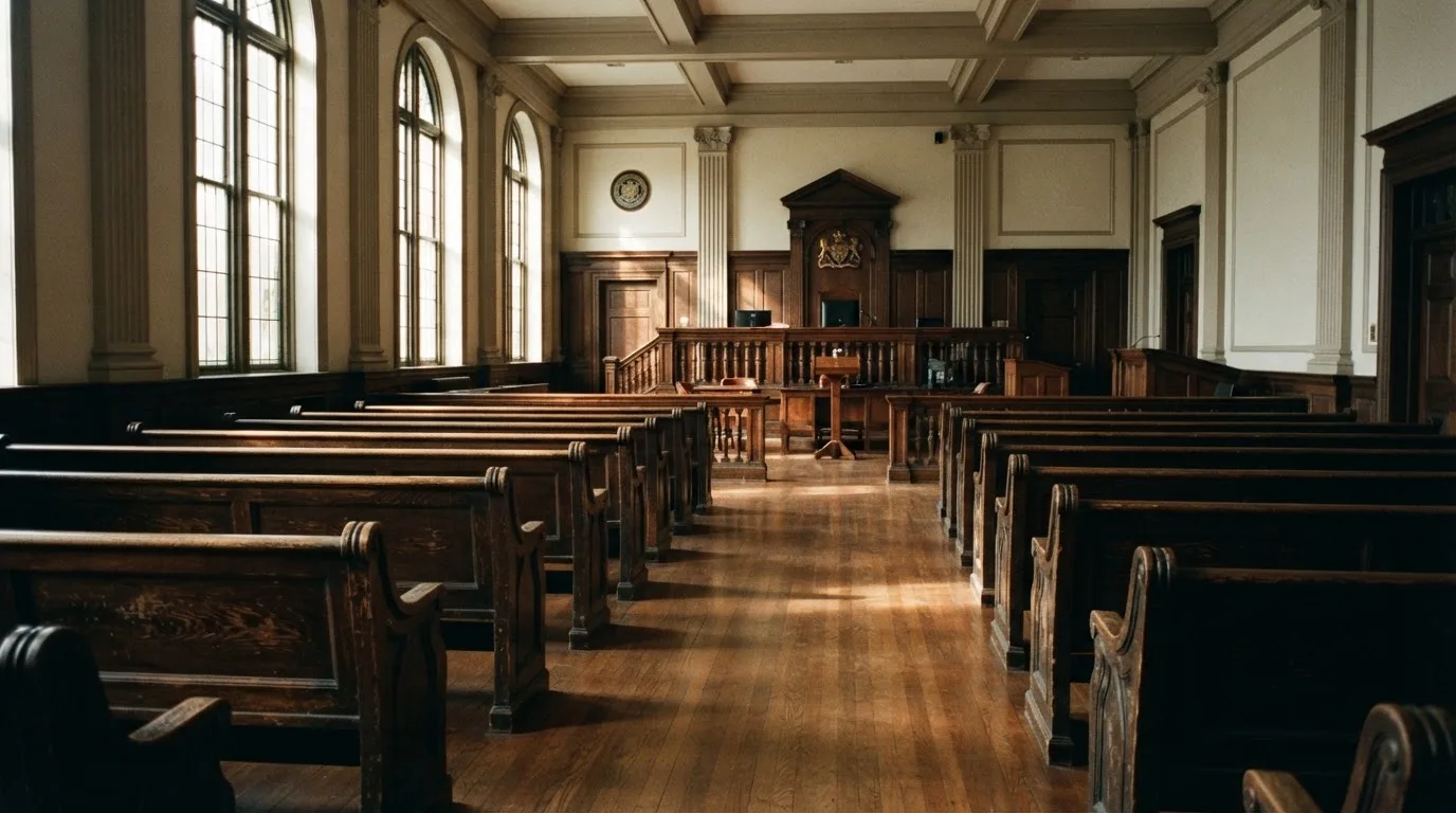 An empty courtroom with wooden benches in morning light