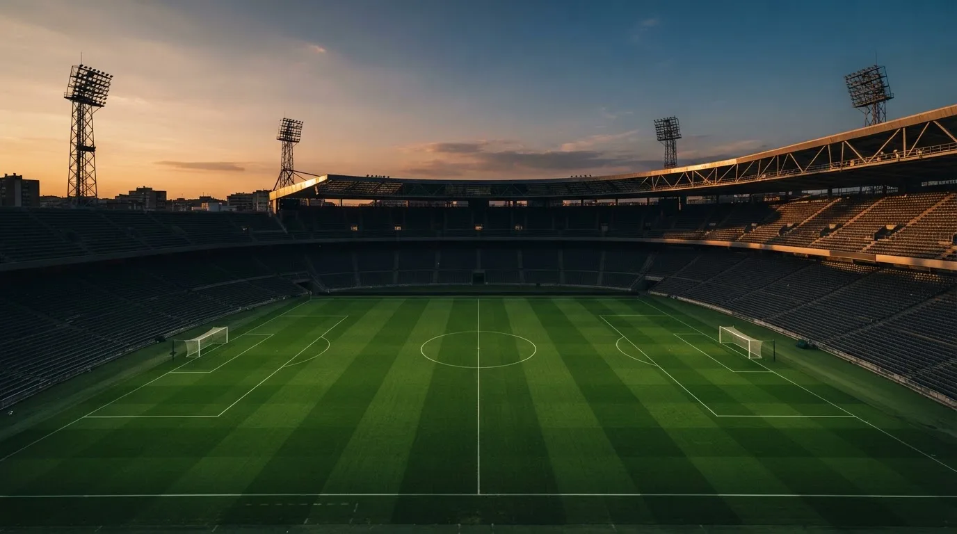 An empty football stadium with floodlight masts at dusk