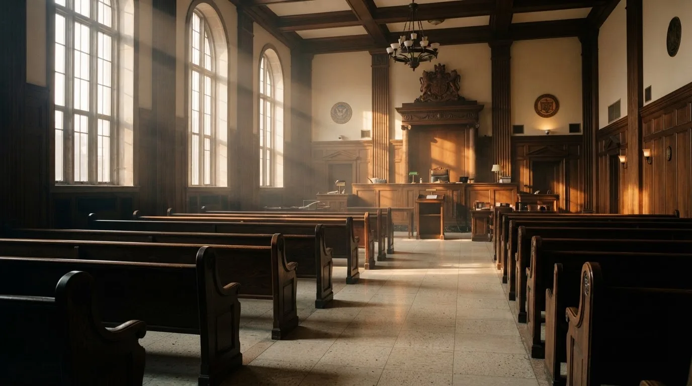 An empty courtroom with wooden benches in morning light