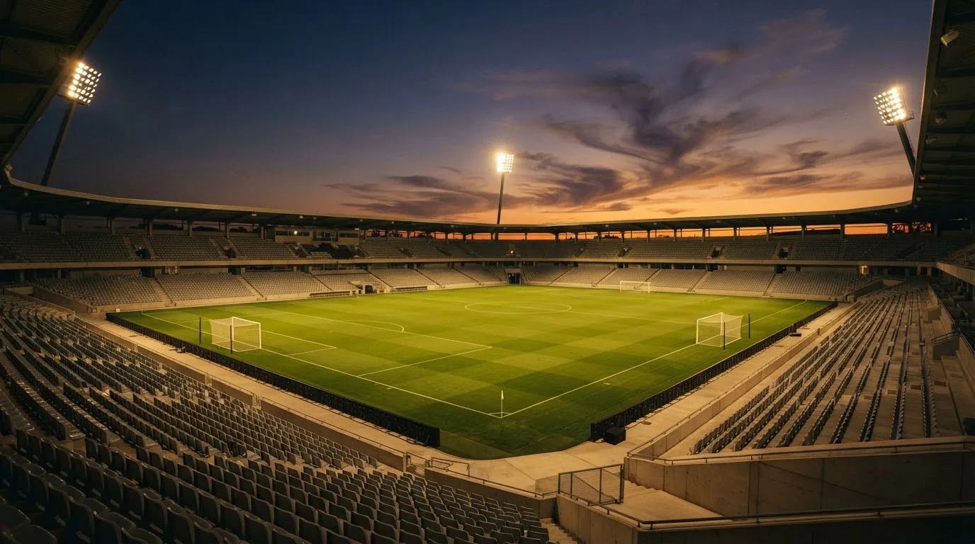 An empty football stadium with floodlight masts at dusk