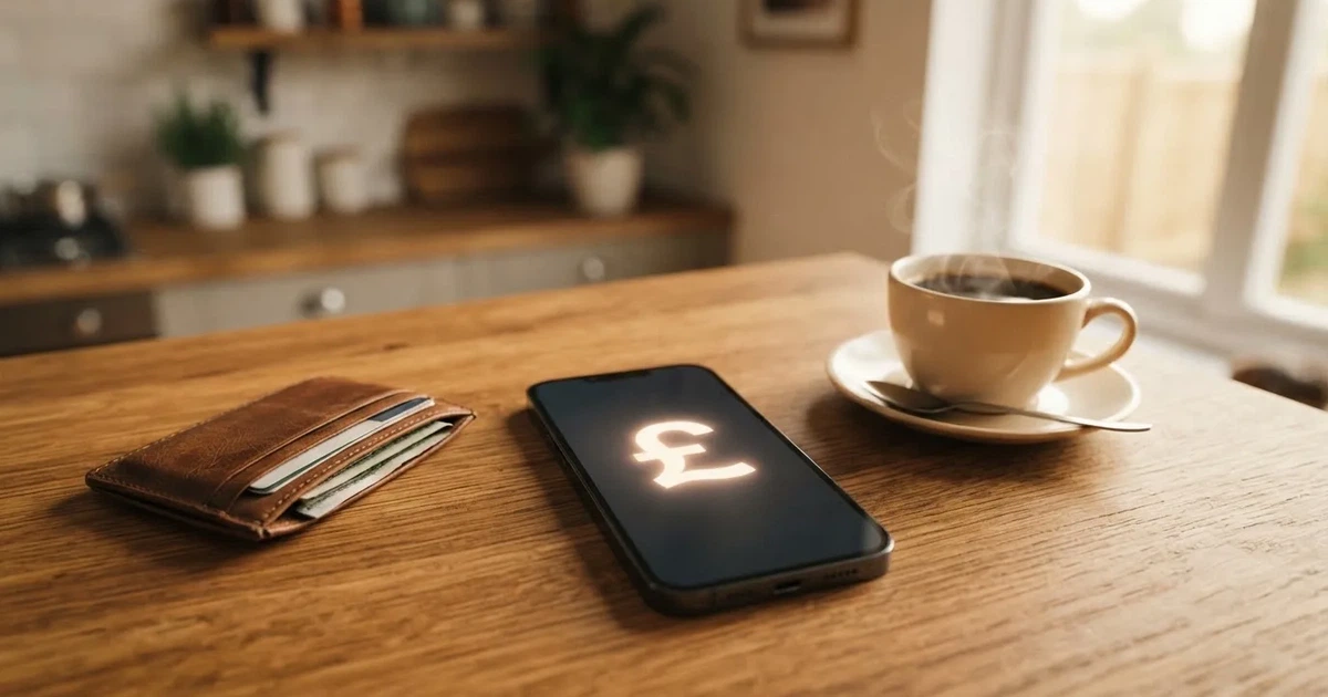 A smartphone on a wooden table beside a wallet and a coffee cup