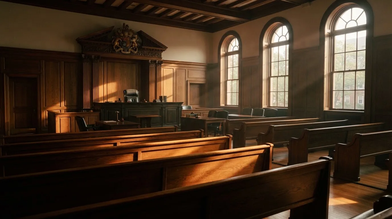 An empty courtroom with wooden benches in morning light