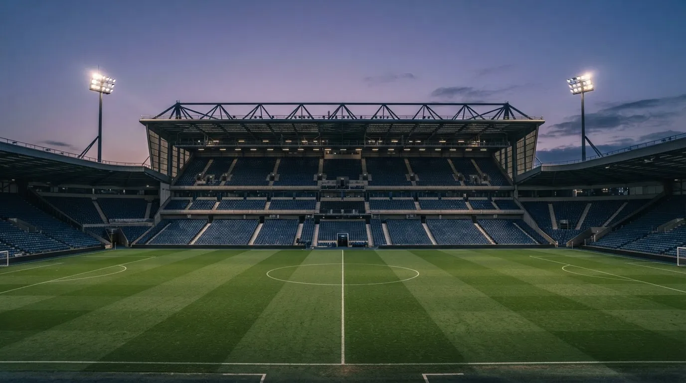 An empty football stadium with floodlight masts at dusk