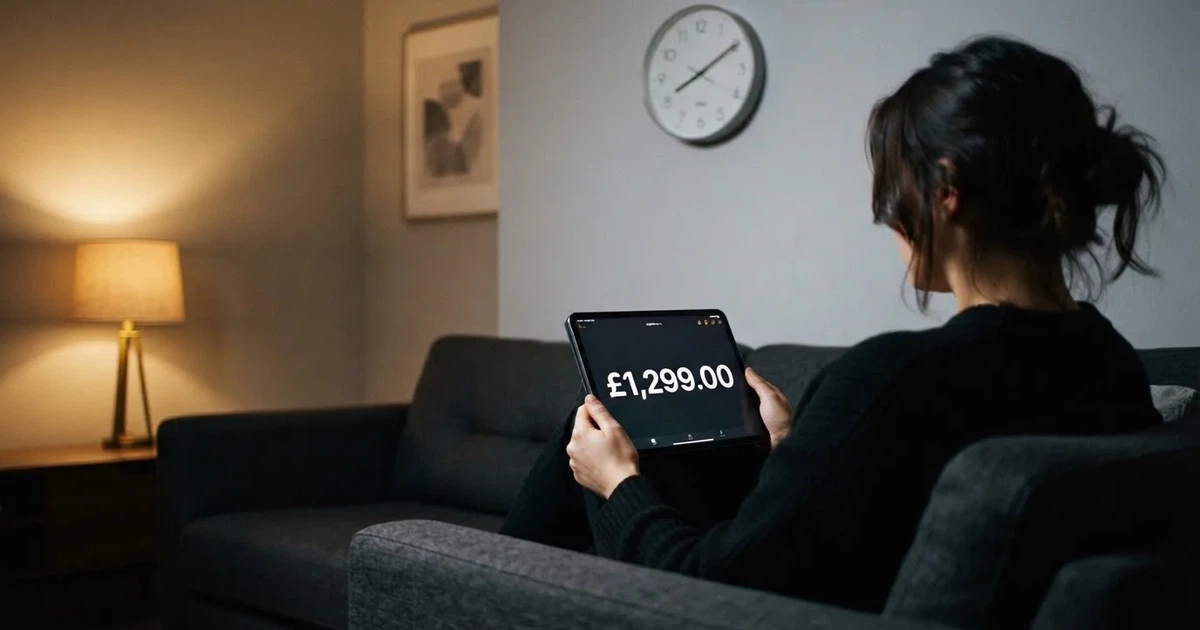 A person on a sofa looking thoughtfully at a tablet, a wall clock in the background