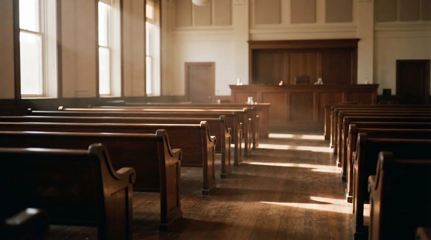 An empty courtroom with wooden benches in morning light