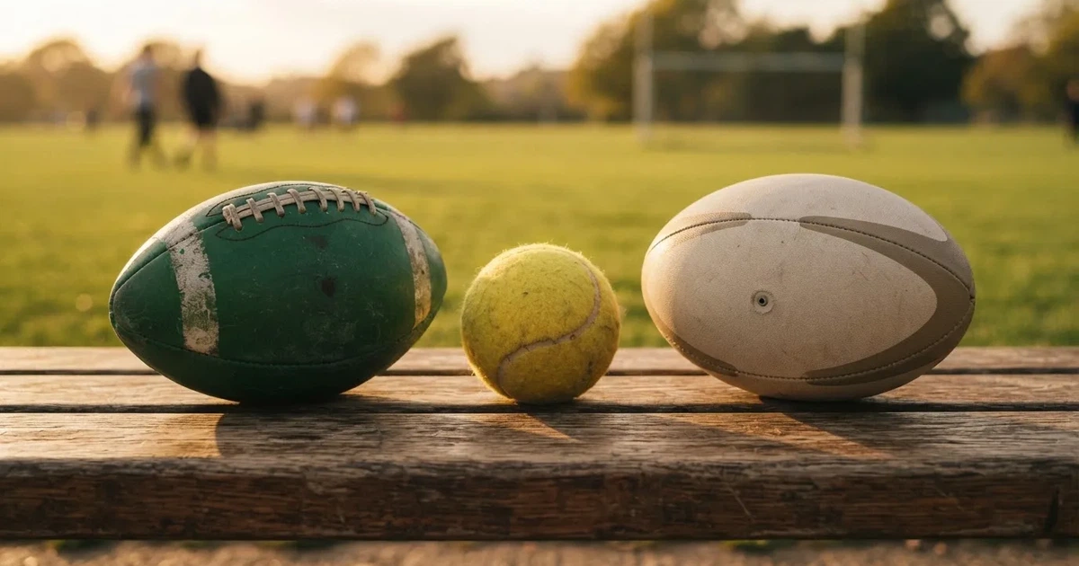 Three balls of different kinds side by side on a wooden bench