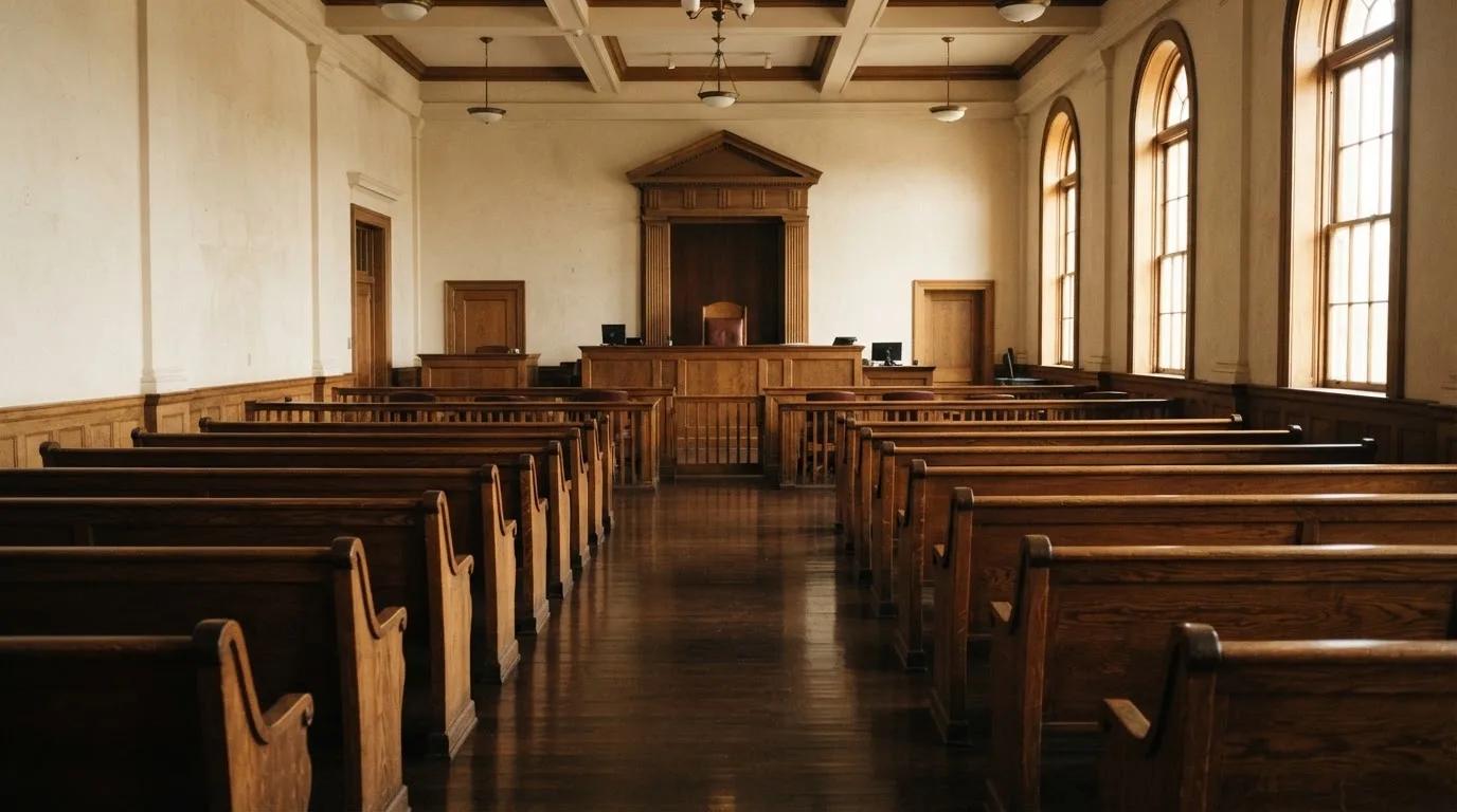 An empty courtroom with wooden benches in morning light