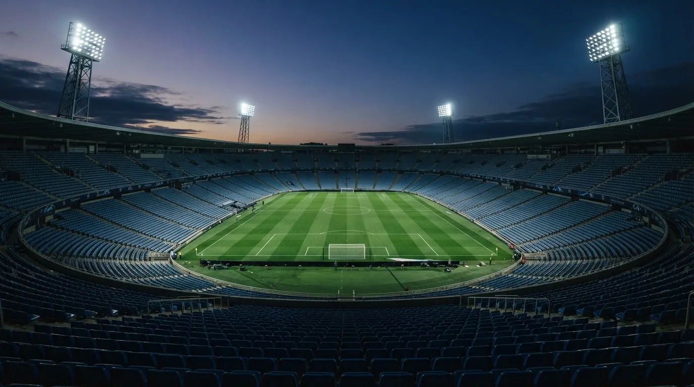 An empty football stadium with floodlight masts at dusk