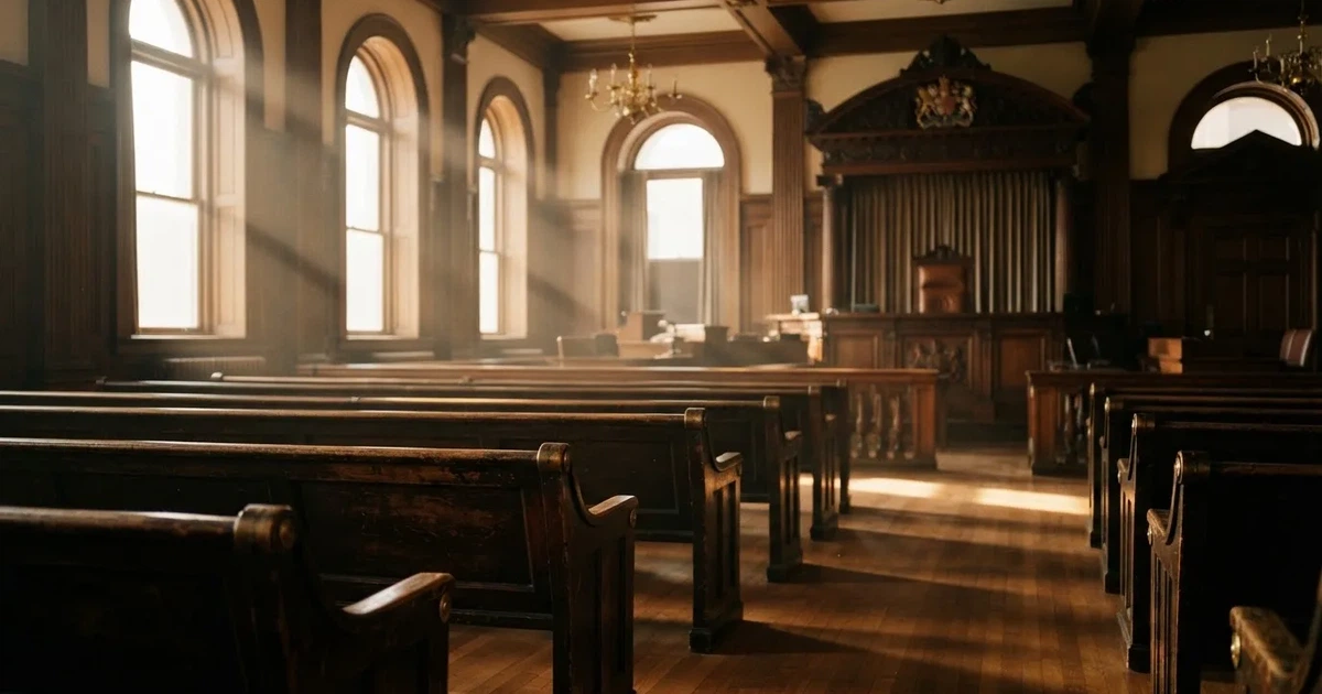 An empty courtroom with wooden benches in morning light