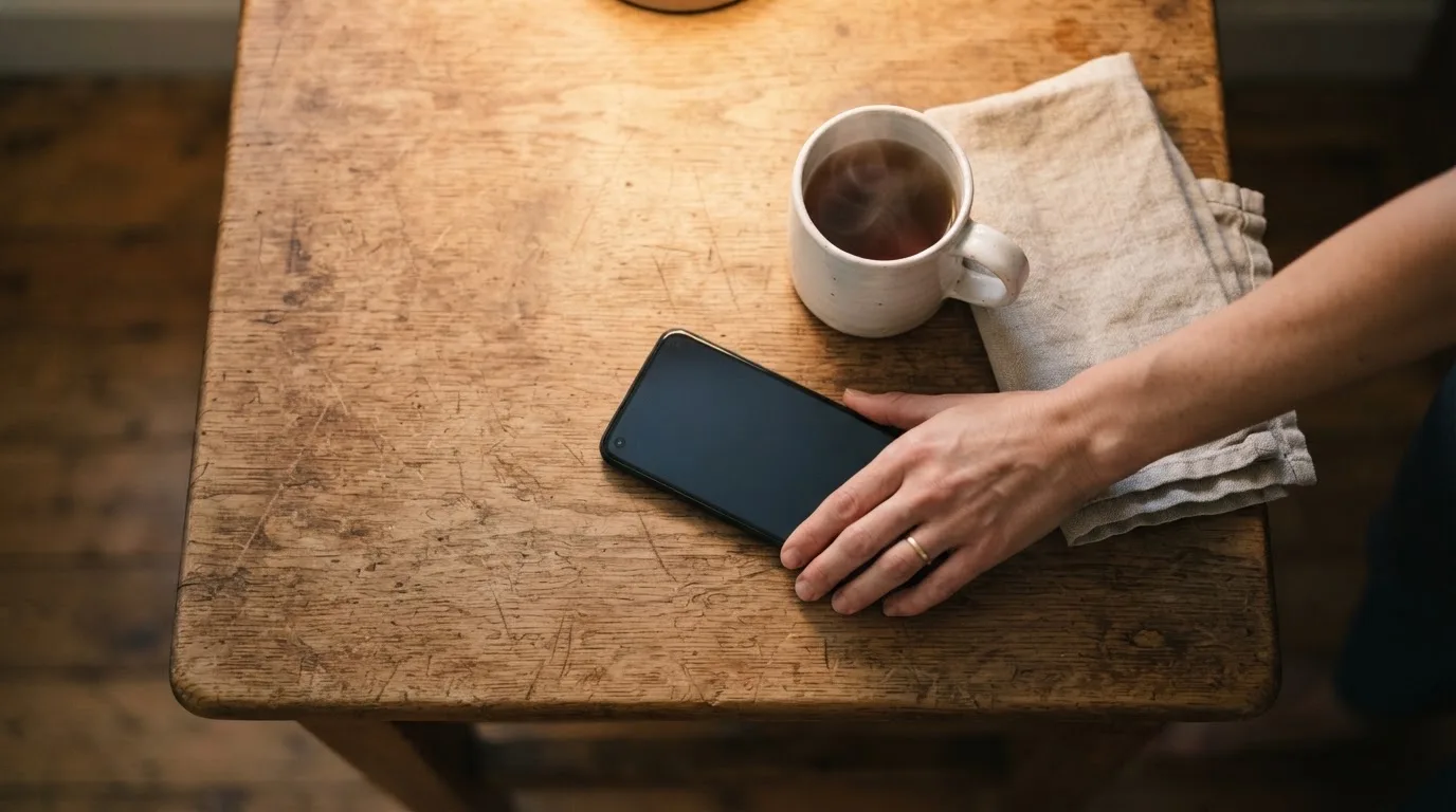 A hand setting a smartphone down beside a cup of tea on a kitchen table on a quiet evening