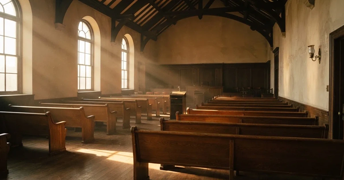 An empty courtroom with wooden benches in morning light