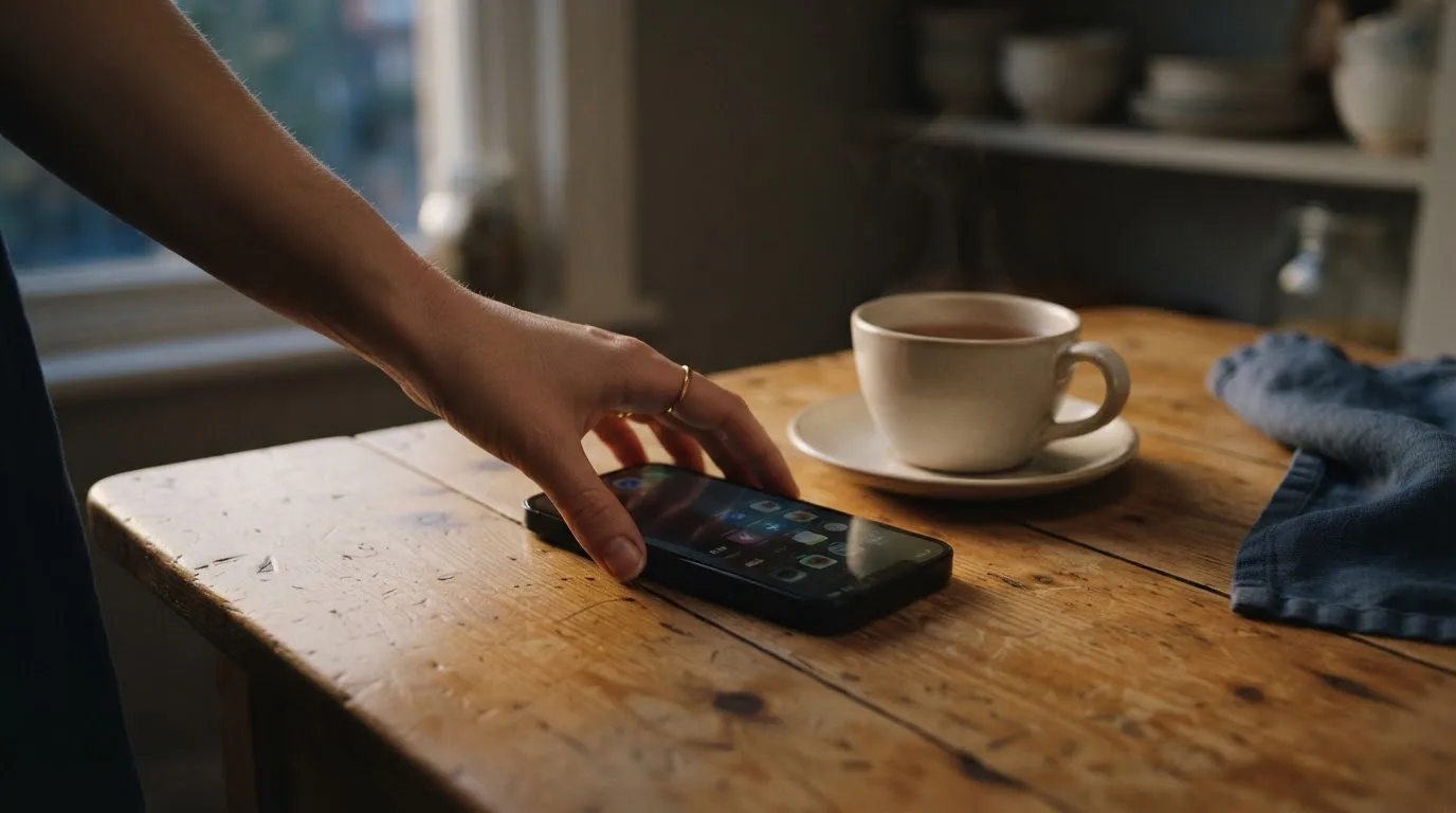 A hand setting a smartphone down beside a cup of tea on a kitchen table on a quiet evening