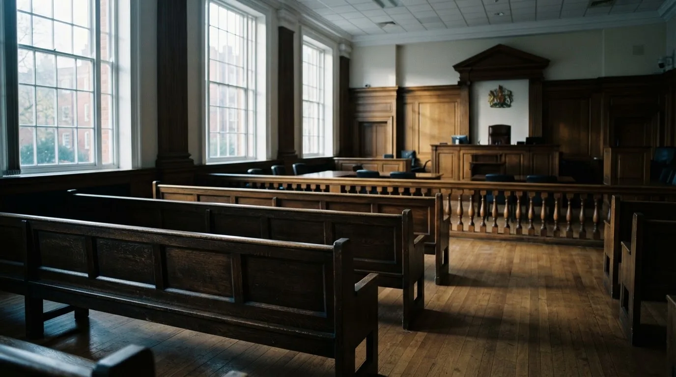 An empty courtroom with wooden benches in morning light