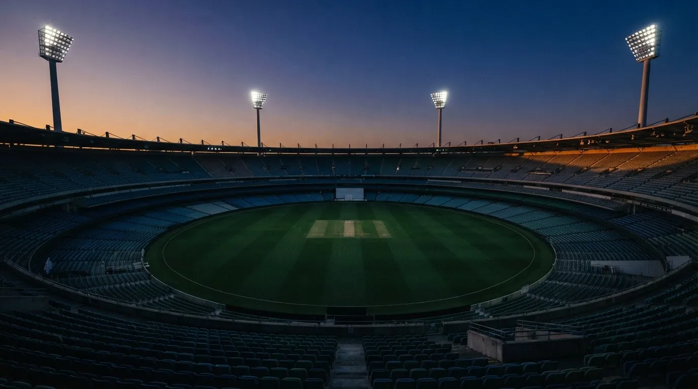 An empty football stadium with floodlight masts at dusk