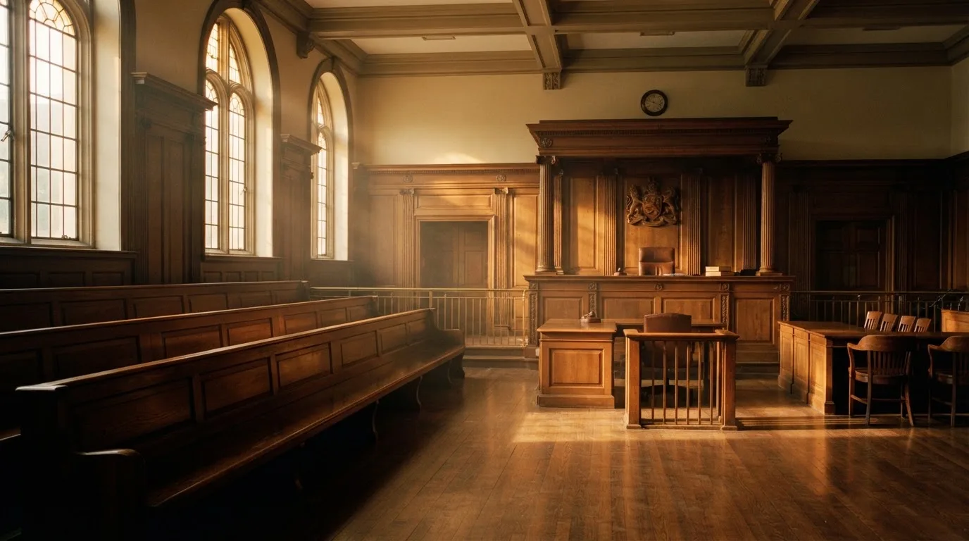 An empty courtroom with wooden benches in morning light